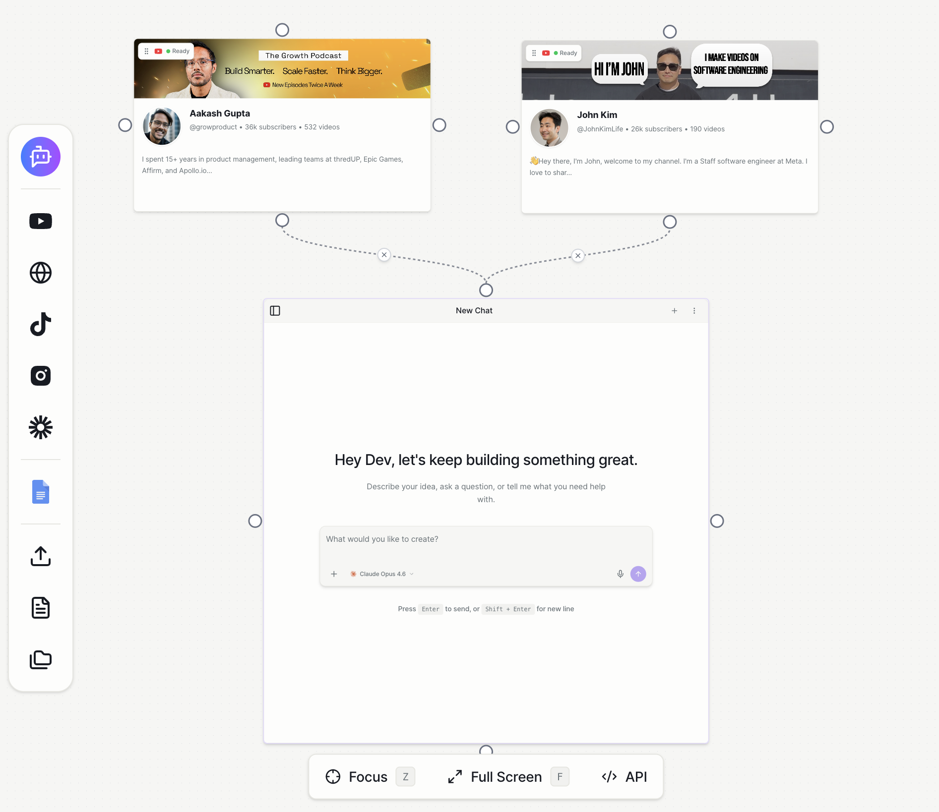 Notebooks AI whiteboard with YouTube channels connected and AI chat